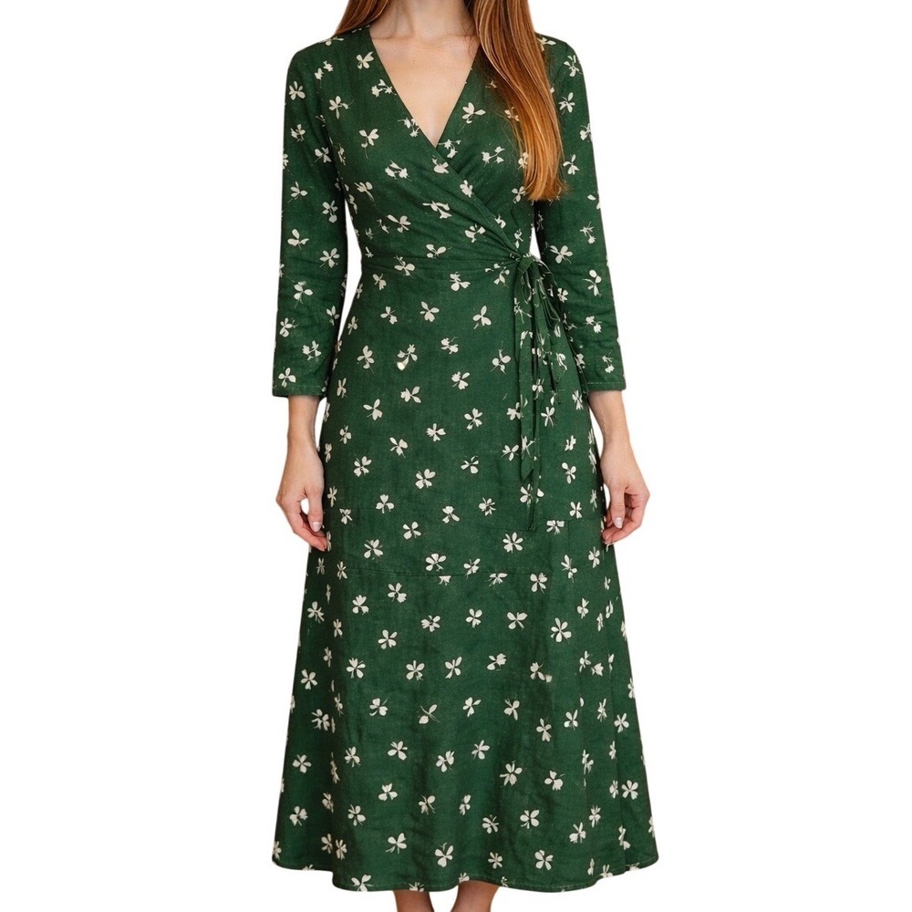 Collectif Vintage Wrap Dress Green Floral Midi XXS 6 Cottagecore Boho Packable